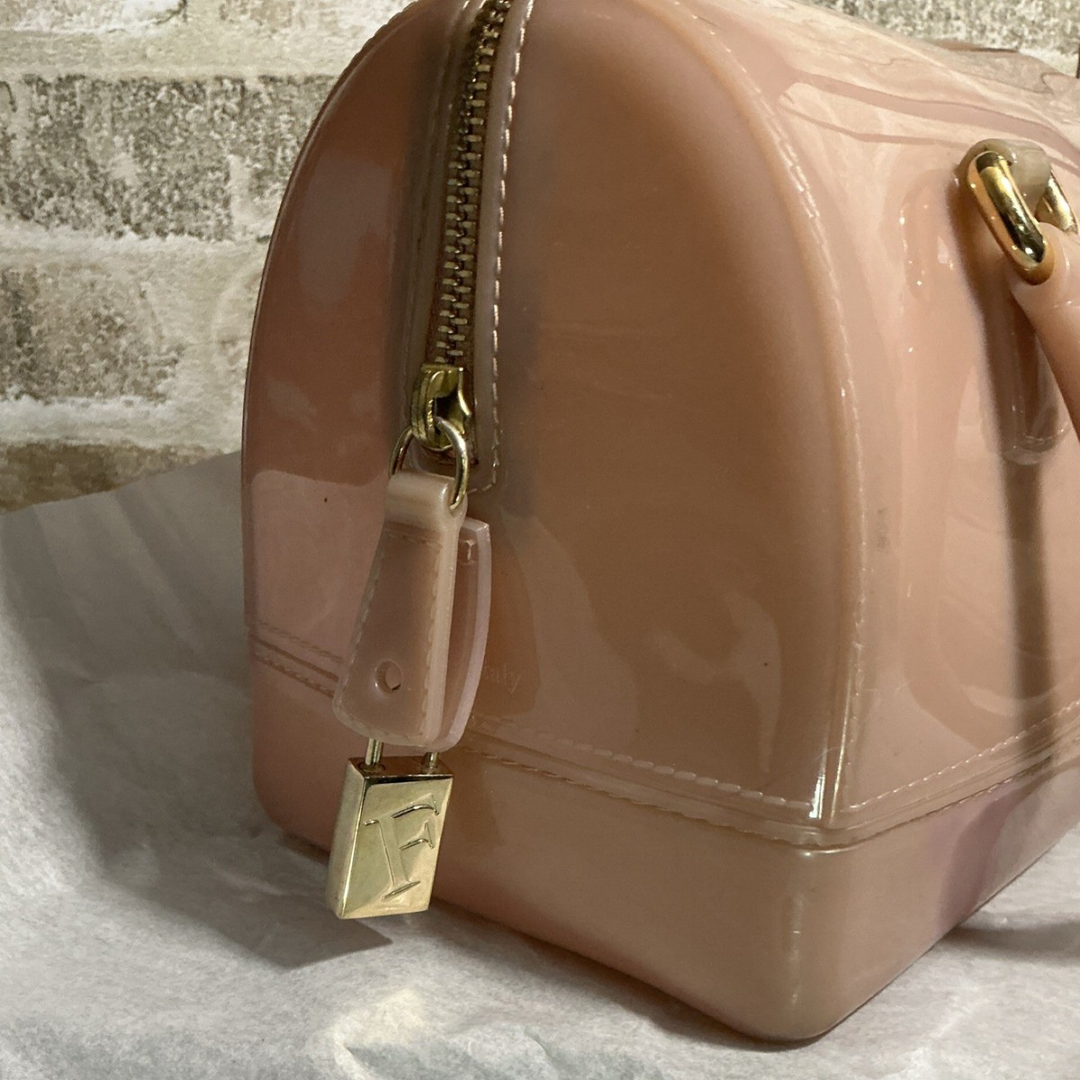 FURLA Candy Bag Peachy Nude Pink Rubber PVC Jelly Top Handle 