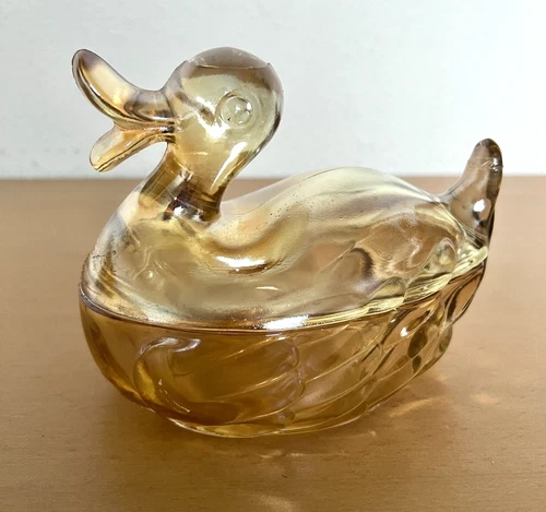 Vintage Jeanette Marigold Carnival Glass Duck Bird Shaped Trinket Dish Jar