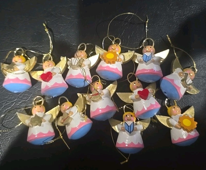 Vintage 60s-70s Set Of Hand Painted Wooden Mini Angel Ornaments 1.25" Tall