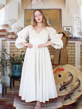 Vintage Ivory White Romantic Midi Dress Puff Poet Sleeve Wide V Neck Leaf Lace