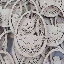 Decorazione Pasquale in Legno, Set di 10 Uova da Appendere con Gallina, - Decoupage 