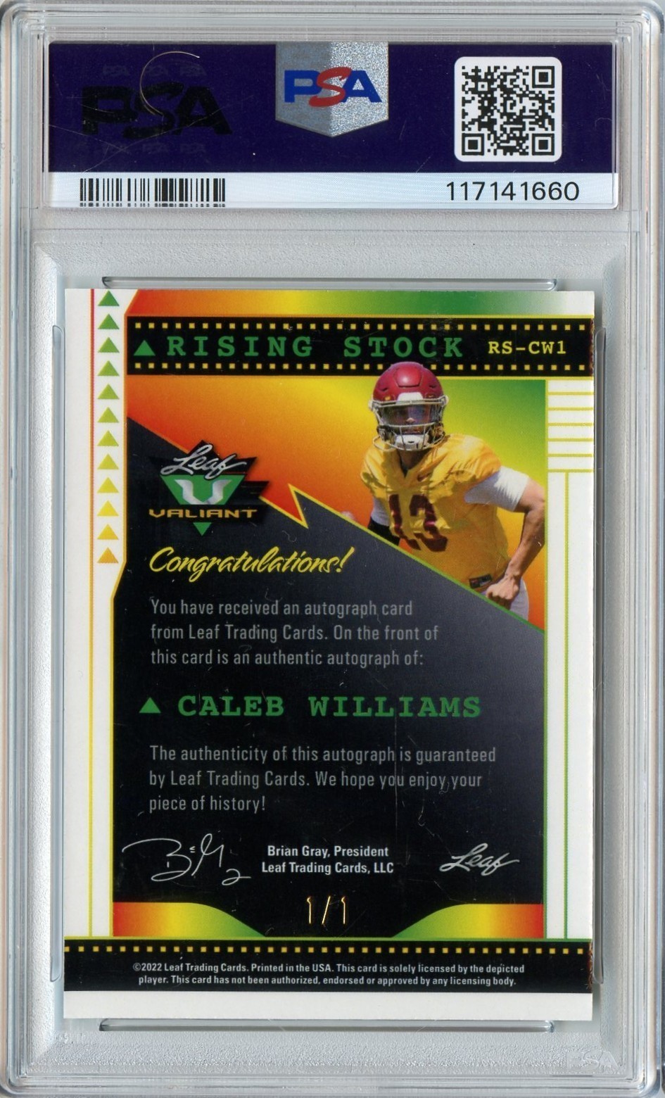 CALEB WILLIAMS 2022 VALIANT RISING STOCK SUPERFRACTOR ROOKIE AUTO #'D 1/1 PSA 10 view 2