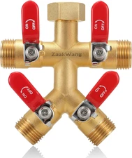 Garden Hose Splitter, 4-Way Full Flow Outdoor Faucet, Heavy Duty Brass Hose Mani