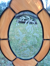 VTG Suncatcher Stained Glass  Etched Hummingbird Flower 6 " 10" Marbled Amber