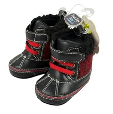 Infant 0-3 Months Black and Red Soft Bottom Crib Shoes Hook and Loop Closure