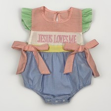 Girl  infant Smocked Bubble Romper 12-18 Months. Jesus loves me Easter outfit.