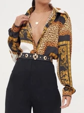 Pretty Little Thing button up shirt Leopard print oversize Small Silky Top PLT