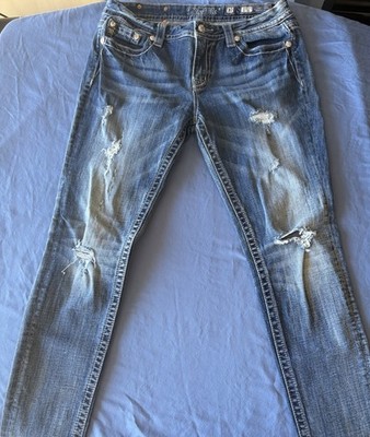 Miss Me Women's Mid-Rise Skinny Blue Denim Jeans Distressed Sequin Pockets