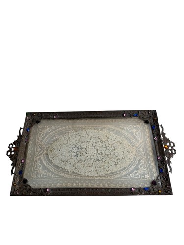 Antique Empire Art Gold E & J.B. Jeweled Perfume Vanity Tray With Lace Inlay