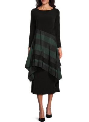 IC Collection Size M Boat Neck Asymmetrical Layer Mix Dress Hunter Gingham NWT