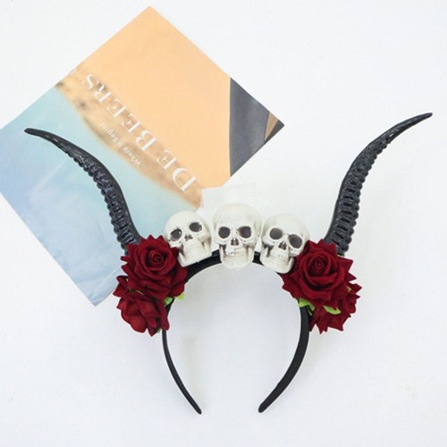 Skull Sheep Horn Hairband Gothic Style Red Rose Headband Festival Wear - Picture 10 of 14