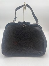 Vintage Black Leather Handbag Textured Finish  Metal Clasp Antique Purse Worn L
