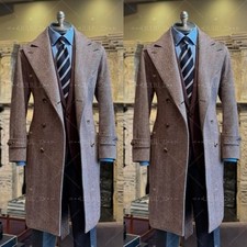 Herringbone Cashmere Men's Overcoat Double Breasted Wide Peak Lapel Long Jacket