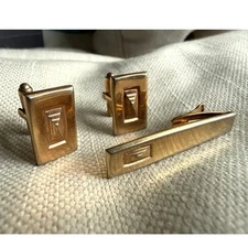 Vintage Hickok USA Gold Tone Cufflinks & Tie Clip Set | Mid Century Geometric