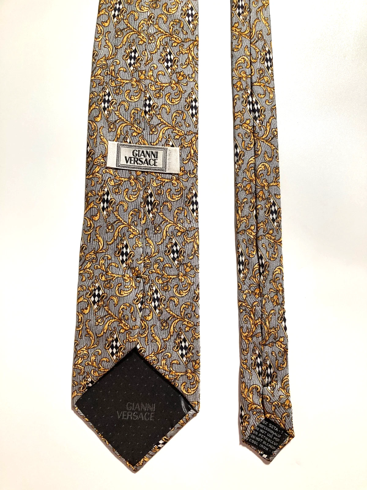 GIANNI VERSACE Vintage '90s Baroque Acanthus Tie Grids Art Nouveau Italy Gray - product detail image 15