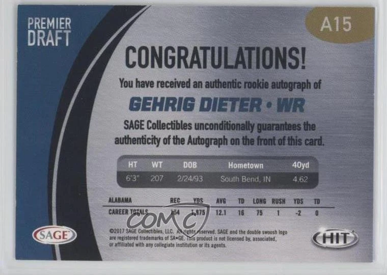 2017 Sage Hit Auto Gehrig Dieter #A15 Auto - Image 2 of 2