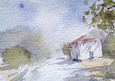 original watercolor painting ACEO Road house trees rural barn street Sky #SIBY