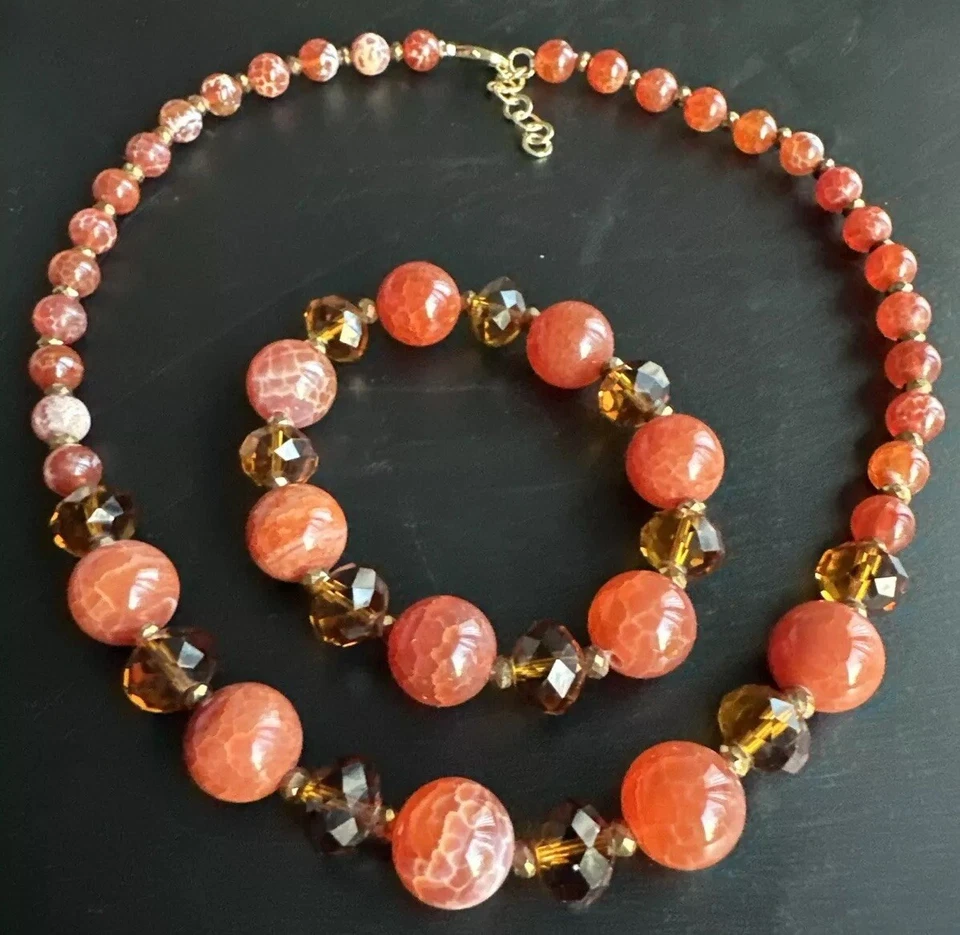 Conjunto de collar pulsera cuentas cristal cara piedras ágata fuego natural NUEVO Foto 2 de 4