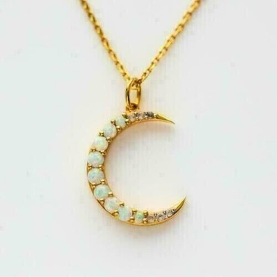 1.00Ct Round Simulated Fire Opal Moon Pendant 18''Necklace 14K Yellow Gold Plated