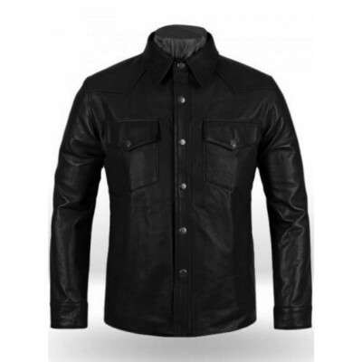 Men's Black Leather Shirt 100% Real Lambskin Soft Leather Shirt Custom Made