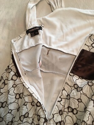 Robe My Michelle Taille 14 Blanc & Marron - Broderies Papillons, Doublée, Genou, Très Bon état Occasion