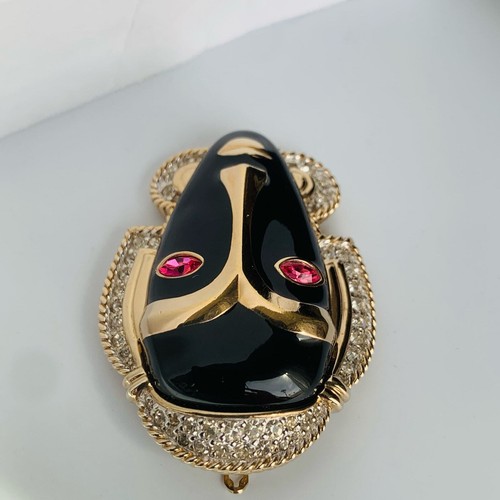 Vintage PANETTA Black Enamel Face Mask Rhinestones Pink Eyes Pendant Brooch - Picture 4 of 11