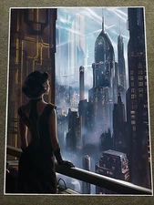 Futuristic Cityscape with Woman in a Cyberpunk World Poster 18x24in