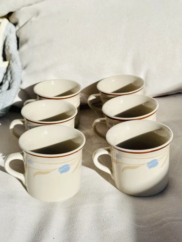 Vintage Cream Brick Oven Stoneware Blue Pink Flower Rim Coffee Mug Tea Cup 6 Set