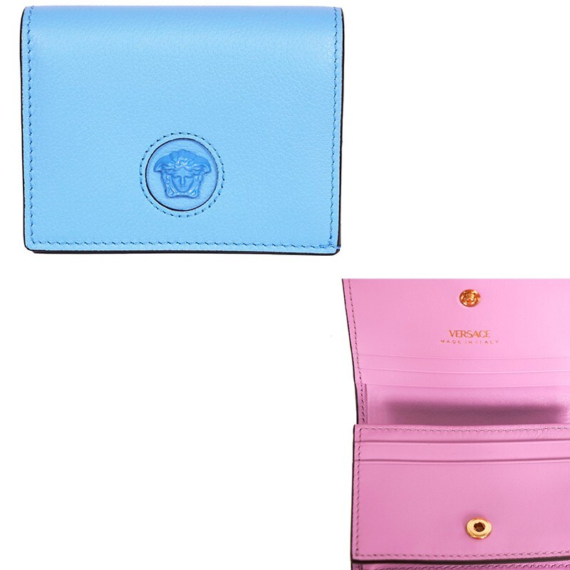 VERSACE 財布 NEW $525 VERSACE Blue Leather LA MEDUSA LOGO Bifold Small COMPACT