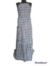 Ann Taylor Sz S Smocked Bodice Spaghetti Straps Lined Tiered Maxi Dress Cottage
