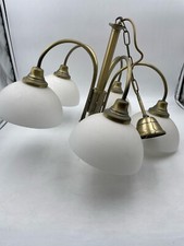 30/1 Honsel Leuchten / Decken Lampe fünfarmig / Messing Milchglas Schirm vintage