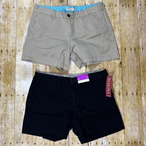 MERONA Womens 10 Cotton Shorts Tan Khaki & Black Chino Flat Front 5" Inseam - Afbeelding 1 van 7