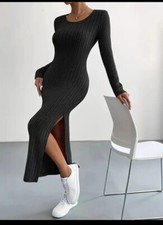 Ribbed Knit Split Solid Dress, Crew Neck Long Sleeve Dress Black Size S (8)
