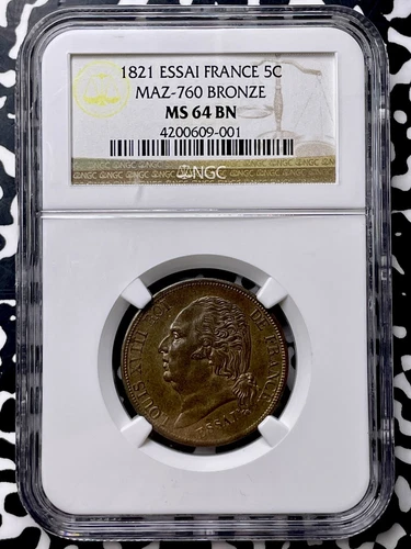 1821 France Essai 5 Centimes NGC MS64BN Lot#G9794 Choice UNC! MAZ-760