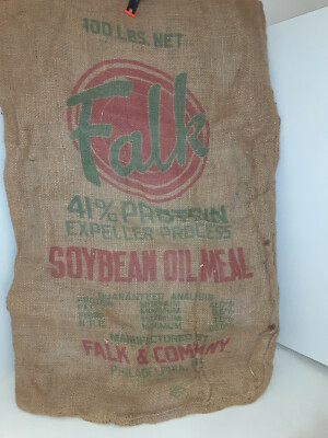 FALK SOYBEAN OIL MEAL Vintage Burlap Farm Feed Gunny Sack Bag Empty 100LB