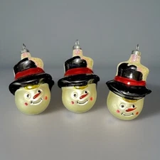Vintage Lot of 3 Glass Snowman Head Christmas Ornament with Glitter Snow Top Hat