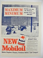 Mobil Oil 1946 Print Ad ~ Winter Snow Scene ~ Period Automobiles