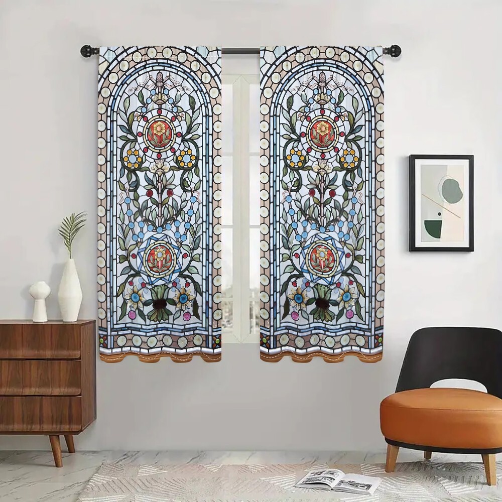 2Pcs Stained Glass Window Curtain Blinds Drapes Bedroom Living Room Kitchen
