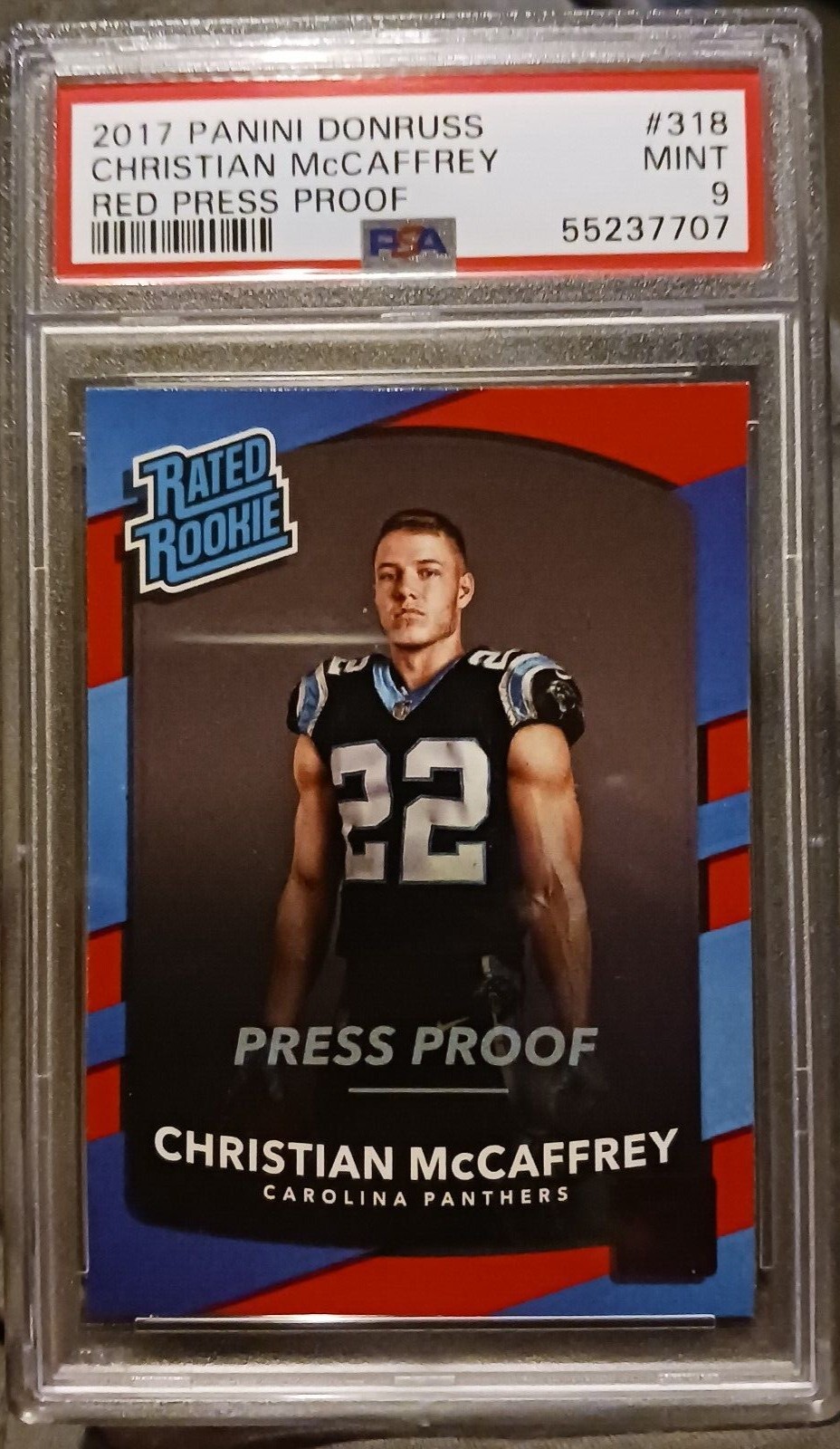 🔥 CHRISTIAN MCCAFFREY 2017 DONRUSS RATED ROOKIE PRESS PROOF RED RC PSA9 #318 🔥