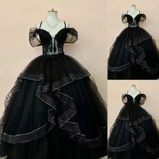 Gothic Black Wedding Dresses Glitter Ruffly A-Line Lace Appliques Bridal Gowns