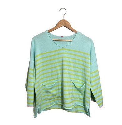 Zaket And Plover Pullover Cotton Sweater Medium Patch Pockets Stripes Blue Lime
