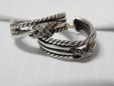 DAVID YURMAN DIAMOND + STERLING SILVER HALF HOOP EARRINGS - GOLD POSTS - FINE !