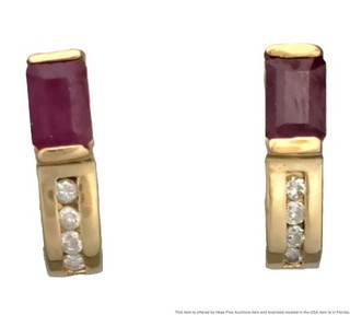 Vintage 14K Yellow Gold Emerald Cut Natural Ruby Diamond Earrings Appx 0.62 Ctw