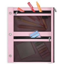 Student Pencil Pouch, 3 Ring Binder Organizer, 3 Zipper Pockets, Mesh, White