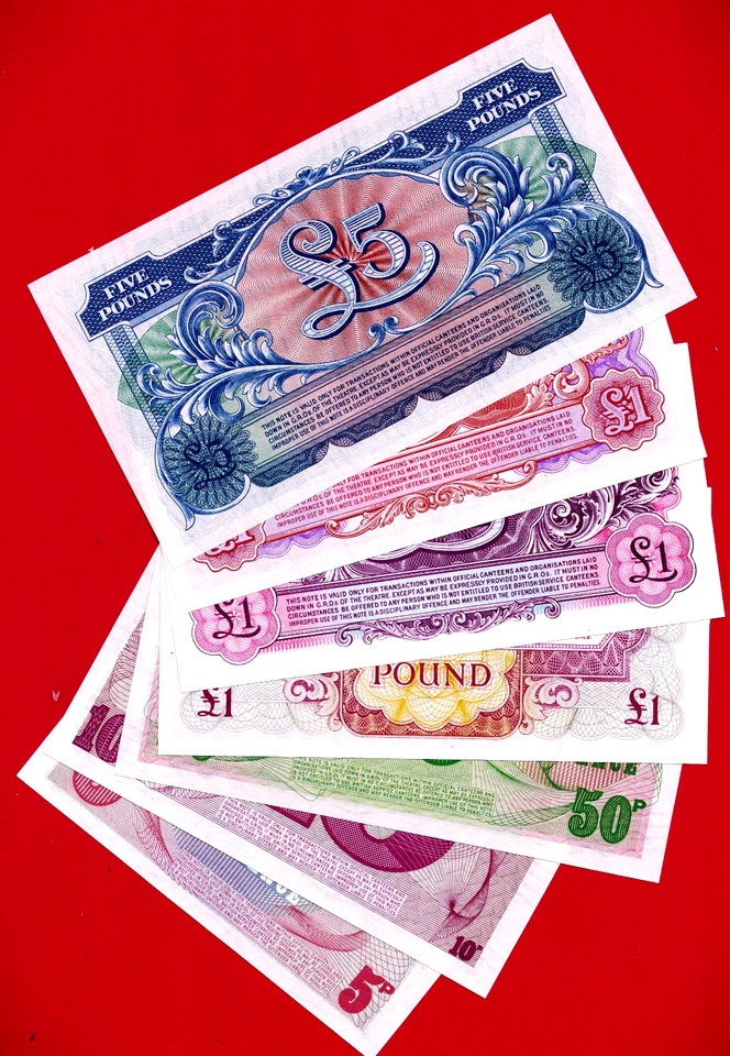 British Armed Forces BAF UNC Notes 5, 10 & 50 Pence + 1 Pd Series 2, 3, 4 + 5 Pd - Image 2 of 2