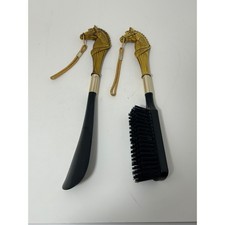 Vintage Equestrian Horse Head Shoe Horn and Brush Set Gold Tone Black Handle