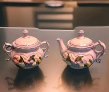 Creamer & Sugar Bowl Lids Set, White & Blue Embossed Colorful Pastel Flowers