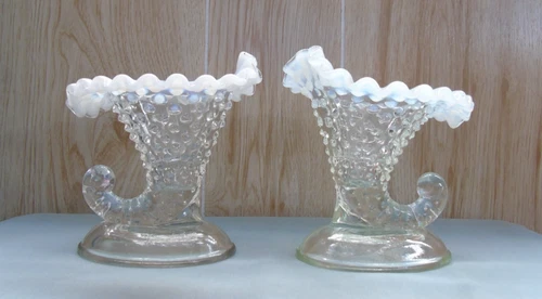 Vintage Pair Of Fenton French White Opalescent Hobnail Cornucopia Vases