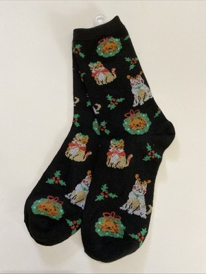 New Pair of Cat Christmas Socks Kitty Kitten Wreath Holly Happy Feline Cmas Xmas