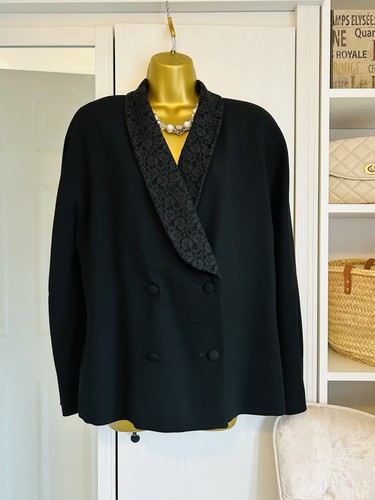Laura Ashley, Laura Ashley Black Wool Blazer Lace Collar Double Breasted Size UK 14 Vintage